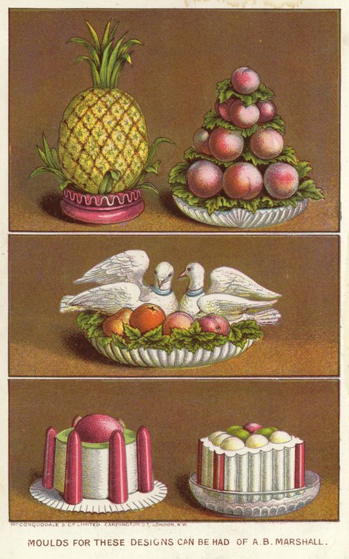 Ornamental moulds for creating iced foods in the shape of a pineapple, peaches and two doves (chromolitho) بواسطة مدرسة اللغة الإنجليزية