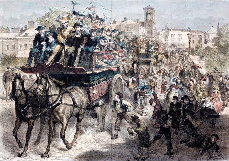 مدربون ممتلئون يأخذون سكان لندن ليوم واحد في الريف في العصر الفيكتوري (نقش ملون) بواسطة مدرسة اللغة الإنجليزية