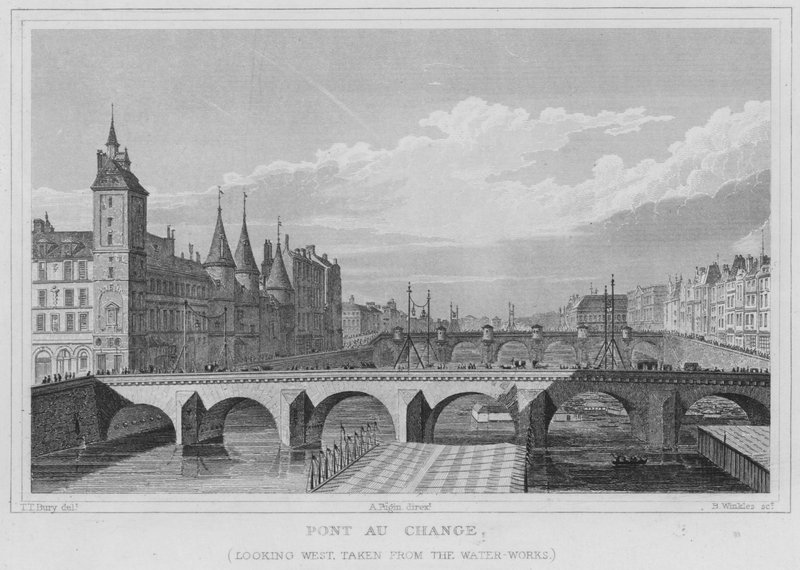 باريس ، Pont Au Change ، تطل غربًا ، مأخوذة من أعمال المياه (نقش) بواسطة مدرسة اللغة الإنجليزية