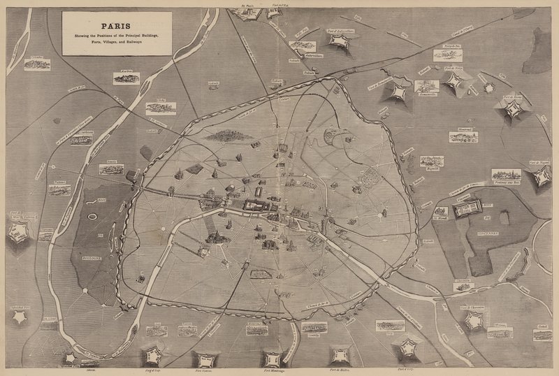 Paris, showing the Positions of the Principal Buildings, Forts, Villages, and Railways (engraving) بواسطة مدرسة اللغة الإنجليزية