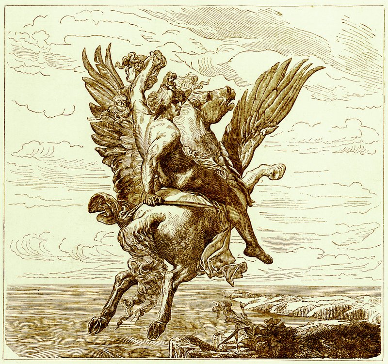 Perseus على الحصان المجنح بيغاسوس ، مع رأس Medusas ، توضيح من التاريخ المصور للعالم ، تم نشره عام 1880 (صورة محسنة رقميًا) بواسطة مدرسة اللغة الإنجليزية