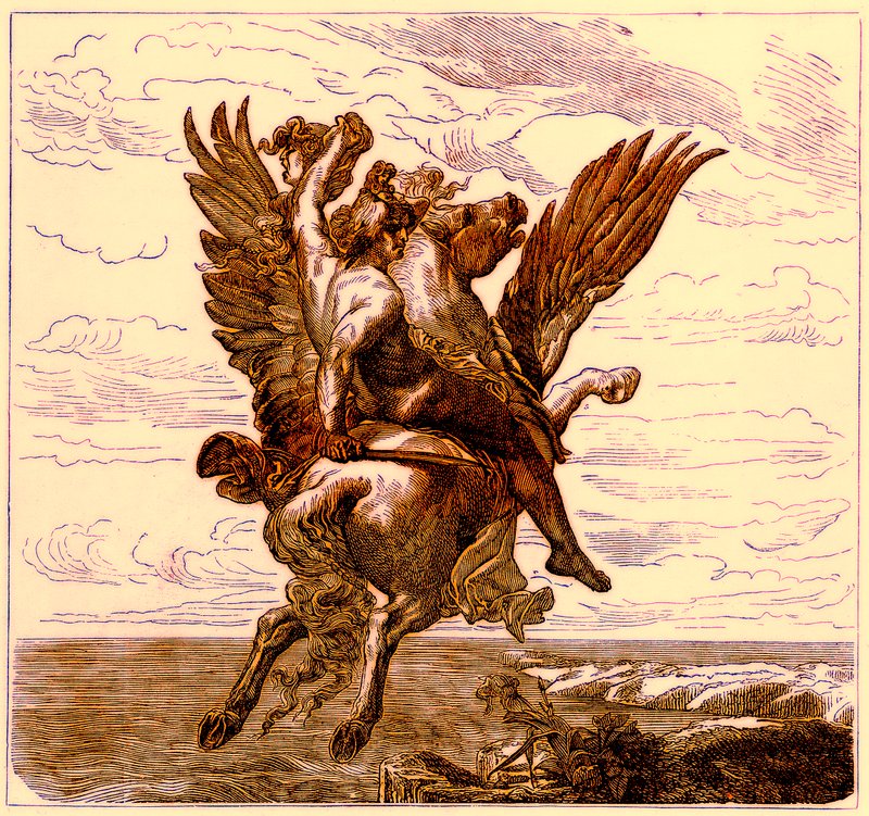 Perseus على الحصان المجنح بيغاسوس ، مع رأس Medusas ، توضيح من التاريخ المصور للعالم ، تم نشره عام 1880 (صورة محسنة رقميًا) بواسطة مدرسة اللغة الإنجليزية