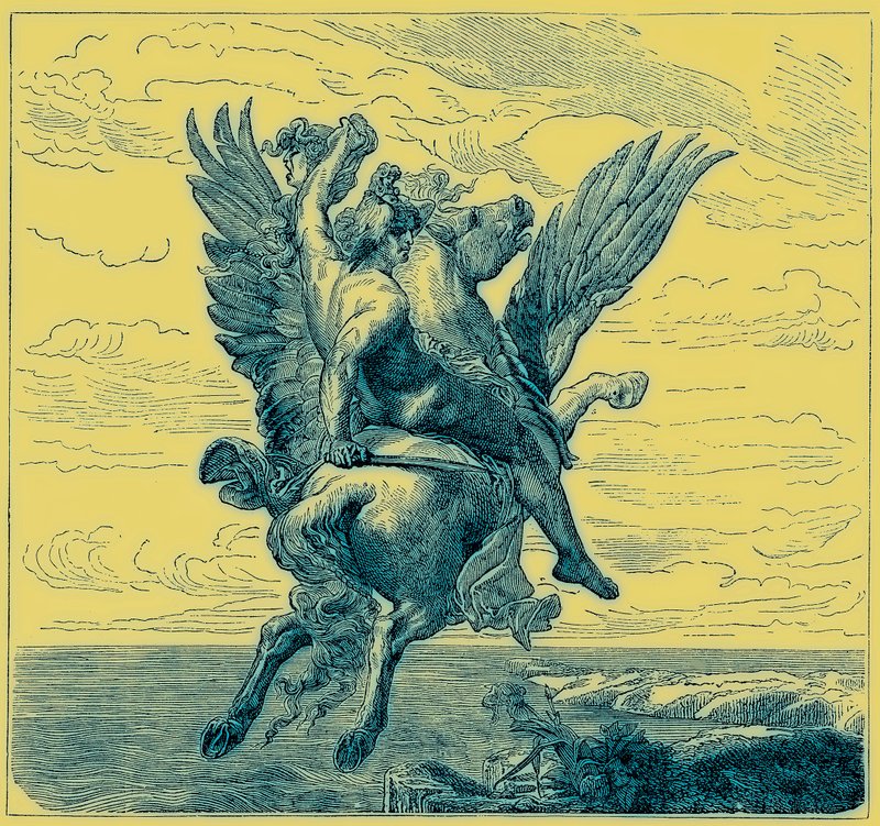Perseus على الحصان المجنح بيغاسوس ، برأس ميدوسا ، رسم توضيحي من "التاريخ المصور للعالم" ، نُشر عام 1880 (صورة محسّنة رقميًا) بواسطة مدرسة اللغة الإنجليزية
