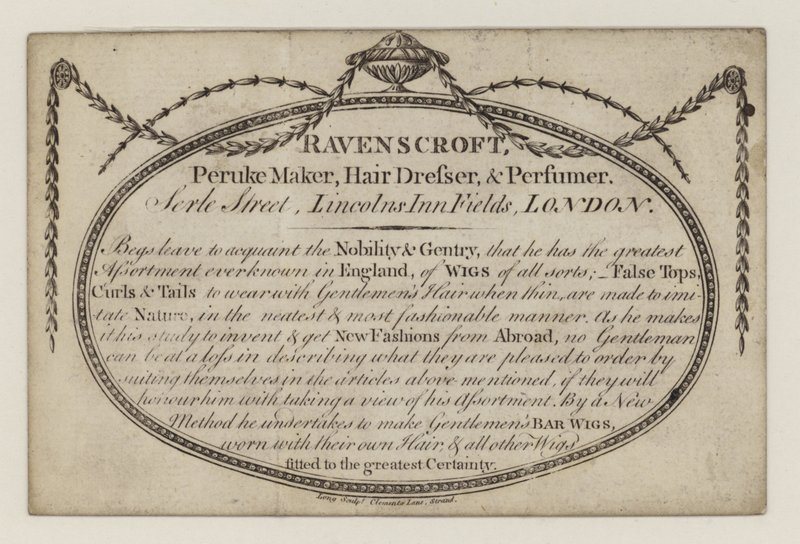صانع Peruke ، Ravenscroft ، بطاقة تجارية بواسطة مدرسة اللغة الإنجليزية