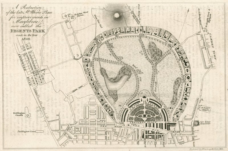خطة التحسينات في Marylebone ، لندن ، تسمى الآن Regents Park ، التي تم إجراؤها في عام 1809 بواسطة مدرسة اللغة الإنجليزية