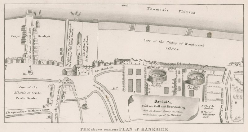 مخطط Bankside على نهر التايمز استنادًا إلى مسح قديم تم إجراؤه في عهد الملكة إليزابيث ، يظهر الثور والدب بيت بواسطة مدرسة اللغة الإنجليزية