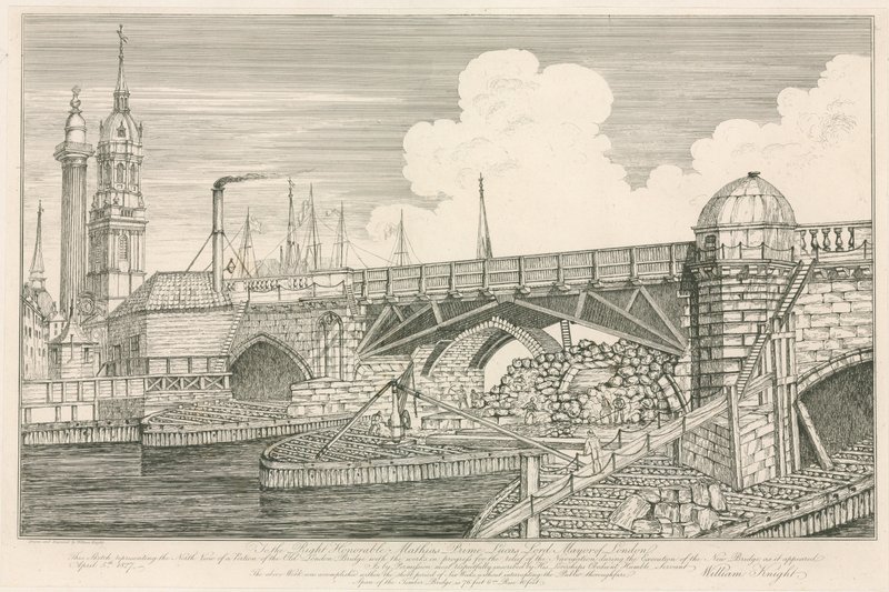 جزء من جسر لندن القديم ، تم رسمه عام 1827 أثناء أعمال البناء بواسطة مدرسة اللغة الإنجليزية
