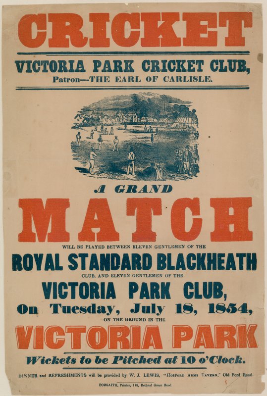 ملصق إعلان مباراة كريكيت في Victoria Park Cricket Club في 18 يوليو 1854 بواسطة مدرسة اللغة الإنجليزية