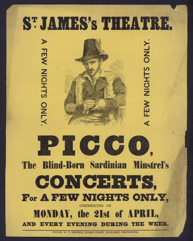 ملصقات إعلانية للحفلات الموسيقية من قبل Picco ، وهو مينستريل أعمى من سردينيا في مسرح سانت جيمس ، لندن (ليتو) بواسطة مدرسة اللغة الإنجليزية