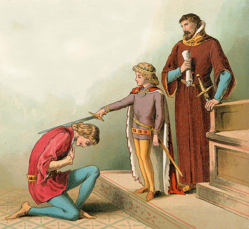 الأمير إدوارد (المعروف لاحقًا باسم الأمير الأسود) يخلق الفروسية في سن السادسة بواسطة مدرسة اللغة الإنجليزية