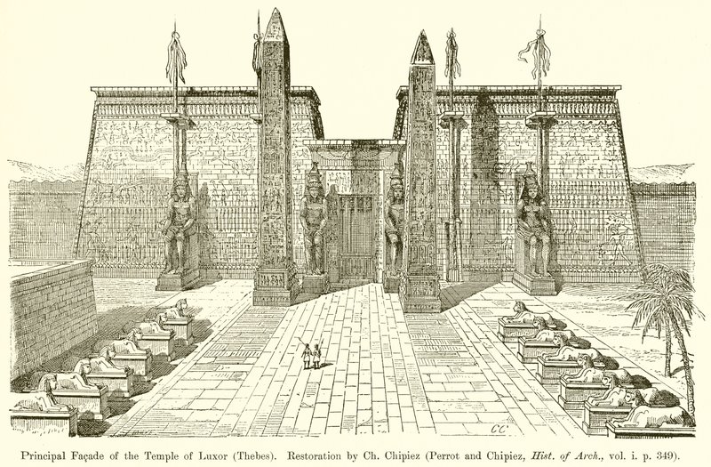الواجهة الرئيسية لمعبد الأقصر (طيبة). ترميم Ch. شيبيز (Perrot and Chipiez، Hist. of Arch.، vol. ip 349) بواسطة مدرسة اللغة الإنجليزية
