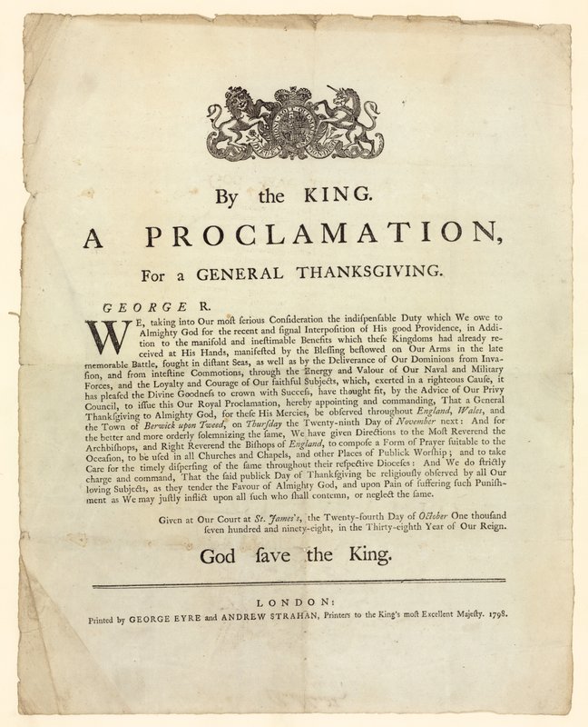 إعلان عيد الشكر عام 1798 بواسطة مدرسة اللغة الإنجليزية