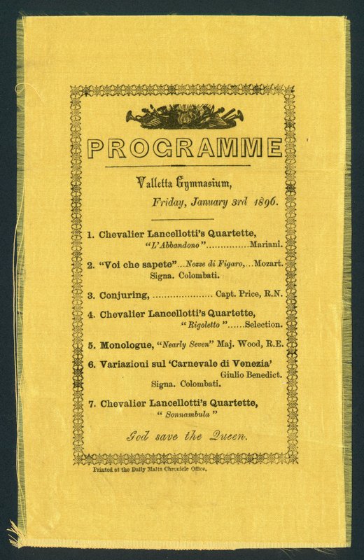 برنامج للألعاب الرياضية في فاليتا ، 3 يناير 1896 (مطبوعة) بواسطة مدرسة اللغة الإنجليزية