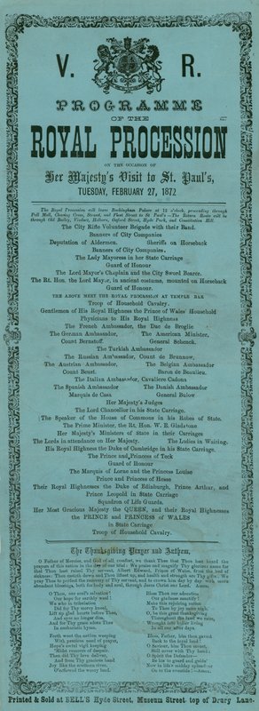 برنامج الموكب الملكي بمناسبة زيارة صاحبة الجلالة لكاتدرائية سانت بولس ، لندن ، 27 فبراير 1872 بواسطة مدرسة اللغة الإنجليزية
