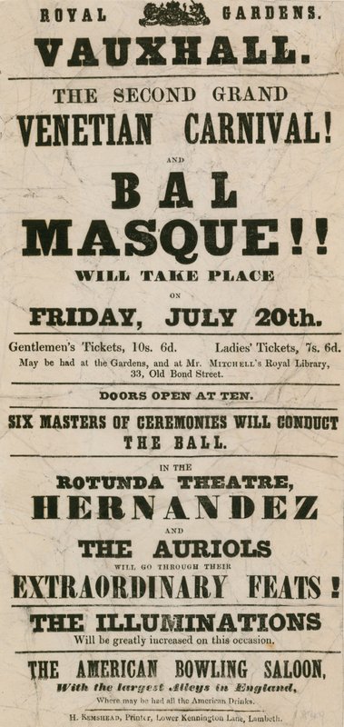 النشرة الترويجية للكرنفال جراند فينيسيا الثاني و Bal Masque في الحدائق الملكية ، فوكسهول ، لندن بواسطة مدرسة اللغة الإنجليزية