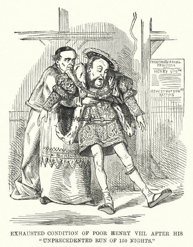 Punch cartoon: Exhausted Condition of Poor Henry VIII After His Unprecedented Run of 150 Nights (engraving) بواسطة مدرسة اللغة الإنجليزية