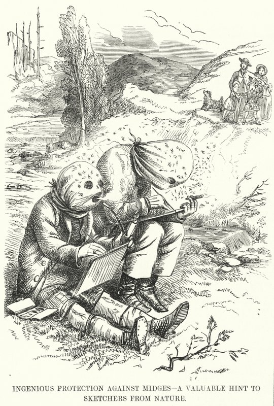 Punch cartoon: Ingenious Protection against Midges - a Valuable Hint to Sketchers from Nature (engraving) بواسطة مدرسة اللغة الإنجليزية