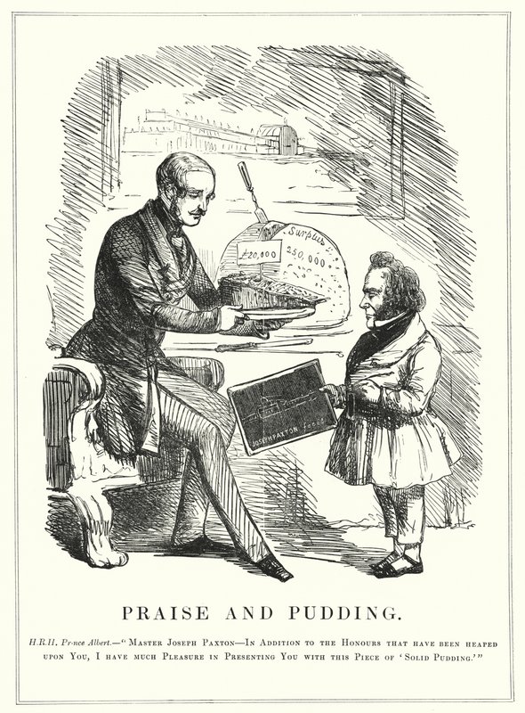 Punch cartoon: Praise and Pudding: Prince Albert rewarding Joseph Paxton for designing the Crystal Palace to house the successful Great Exhibition of 1851 in Hyde Park, London (engraving) بواسطة مدرسة اللغة الإنجليزية