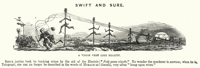 كارتون لكمة: Swift and Sure - استخدام التلغراف الكهربائي في تتبع الجريمة (النقش) بواسطة مدرسة اللغة الإنجليزية