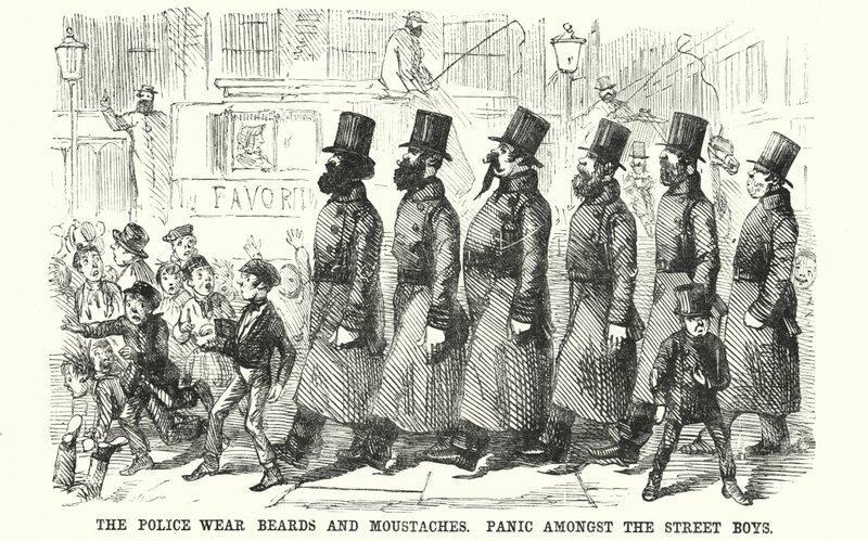 Punch cartoon: The Police Wear Beards and Moustaches. Panic amongst the Street Boys (engraving) بواسطة مدرسة اللغة الإنجليزية