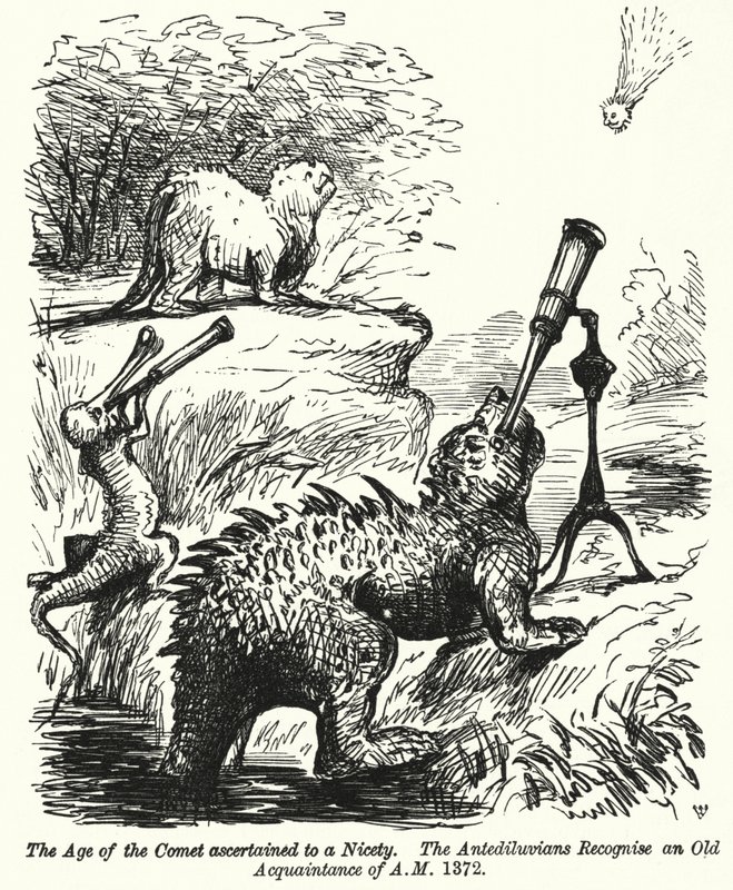 Punch cartoon: dinosaurs watching a comet (engraving) بواسطة مدرسة اللغة الإنجليزية