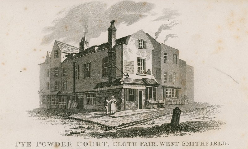 Pye Powder Court ، معرض القماش ، West Smithfield ، الذي عقد في Sign of the the and Shears public house بواسطة مدرسة اللغة الإنجليزية