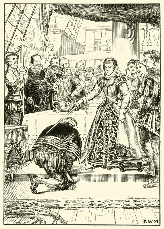الملكة إليزابيث على متن السفينة Golden Hind (حبر على ورق) بواسطة مدرسة اللغة الإنجليزية