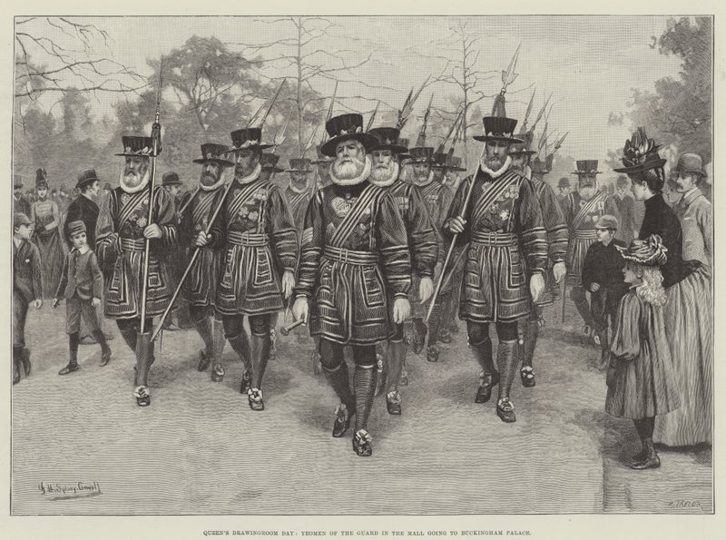 يوم قاعة رسم الملكة ، Yeomen of the Guard in the Mall ذاهب إلى قصر باكنغهام (نقش) بواسطة مدرسة اللغة الإنجليزية