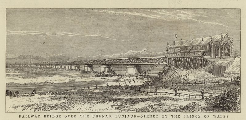 Railway Bridge over the Chenab, Punjaub, opened by the Prince of Wales (engraving) بواسطة مدرسة اللغة الإنجليزية