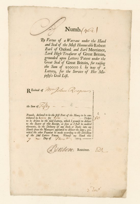 إيصال يانصيب القائمة المدنية لعام 1713 بواسطة مدرسة اللغة الإنجليزية