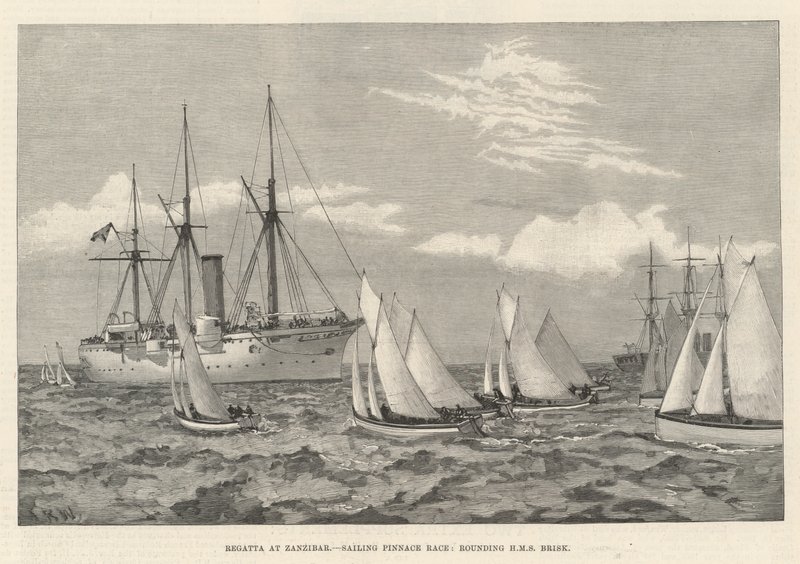 سباق القوارب في زنجبار ، سباق بيناس الشراعي ، تقريب HMS Brisk (نقش) بواسطة مدرسة اللغة الإنجليزية