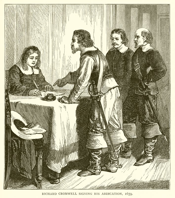 ريتشارد كرومويل يوقع تنازله ، 1659 بواسطة مدرسة اللغة الإنجليزية