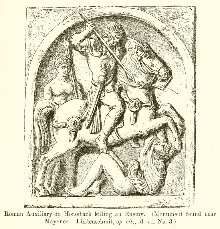 مساعد روماني على ظهور الخيل يقتل عدوًا. (تم العثور على نصب تذكاري بالقرب من Mayence. Lindenschmit ، مرجع سابق ، vii. No. 3) بواسطة مدرسة اللغة الإنجليزية