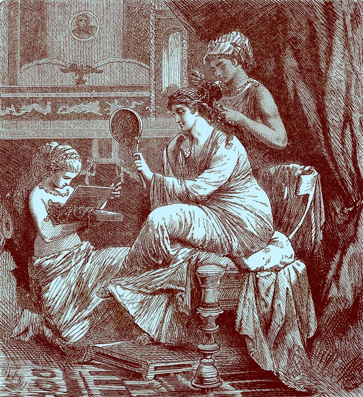 سيدة رومانية في مرحاضها ، رسم توضيحي من تاريخ العالم المصور ، تم نشره عام 1880 (صورة محسنة رقميًا) بواسطة مدرسة اللغة الإنجليزية