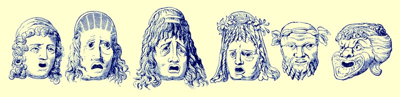 أقنعة مسرحية رومانية ، رسم توضيحي من التاريخ العالمي المصور لـ Cassells بقلم إدوارد أولييه ، نشر عام 1890 (صورة محسنة رقميًا) بواسطة مدرسة اللغة الإنجليزية