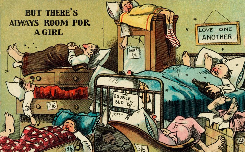 Room full of men sleeping in every space available (colour litho) بواسطة مدرسة اللغة الإنجليزية