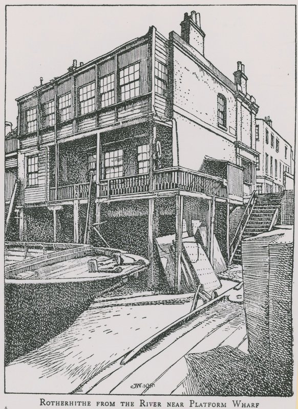 Rotherhithe من نهر التايمز بالقرب من Platform Wharf ؛ الملاك بواسطة مدرسة اللغة الإنجليزية