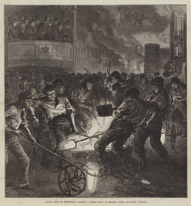 زيارة ملكية إلى شيفيلد ، صب سبيكة فولاذية في مصنع Messers Firth and Sons (نقش) بواسطة مدرسة اللغة الإنجليزية