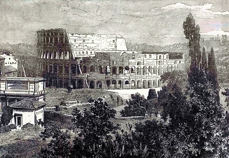 أطلال الكولوسيوم ، من Palatine ، توضيح من التاريخ العالمي المصور لـ Cassells بواسطة إدوارد أولييه ، تم نشره عام 1890 (صورة محسنة رقميًا) بواسطة مدرسة اللغة الإنجليزية