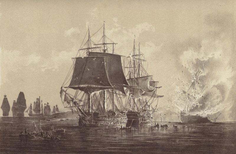 دمرت السفينة الروسية Vsevolod في وجود الأسطول الروسي بعد العمل مع HMS Implacable ، الملحق بالبحرية السويدية وبقيادة الكابتن Thomas Byam Martin ، في بحر البلطيق ، 26 أغسطس 1808 (litho) بواسطة مدرسة اللغة الإنجليزية