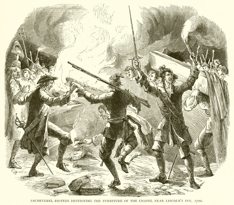 Sacheverel Rioters يدمرون أثاث الكنيسة بالقرب من نزل Lincolns ، 1710 بواسطة مدرسة اللغة الإنجليزية