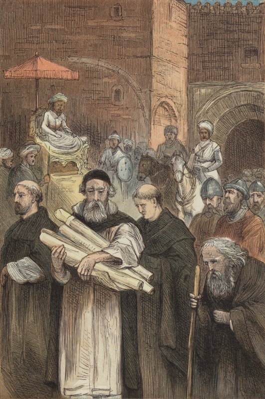 صلاح الدين يسمح للمسيحيين بمغادرة القدس (نقش ملون) بواسطة مدرسة اللغة الإنجليزية