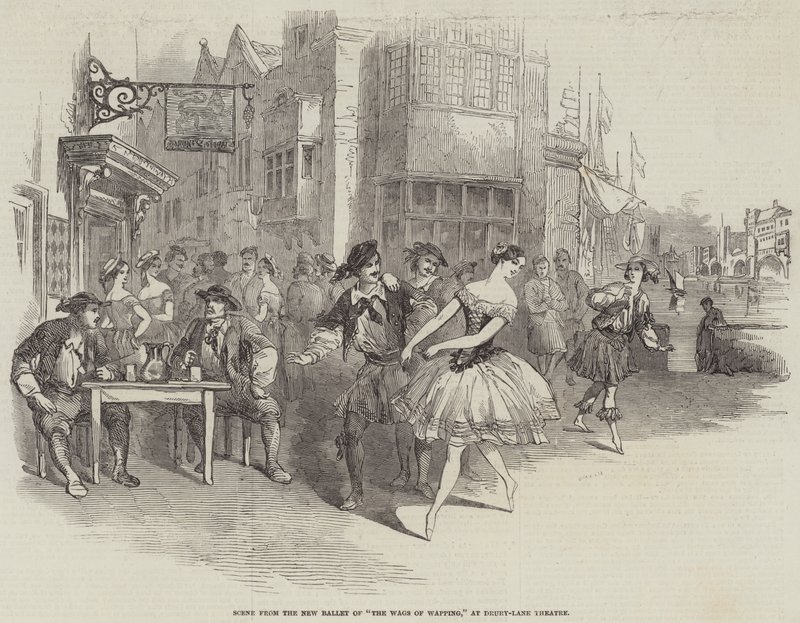مشهد من باليه الجديد "The Wags of Wapping" في مسرح Drury-Lane (نقش) بواسطة مدرسة اللغة الإنجليزية
