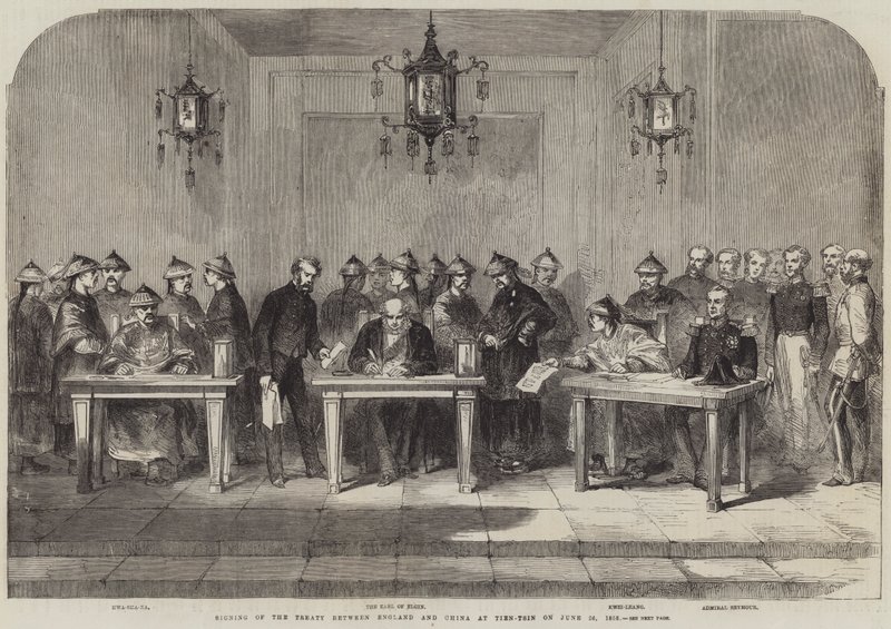 توقيع المعاهدة بين إنجلترا والصين في Tien-Tsin في 26 يونيو 1858 (نقش) بواسطة مدرسة اللغة الإنجليزية