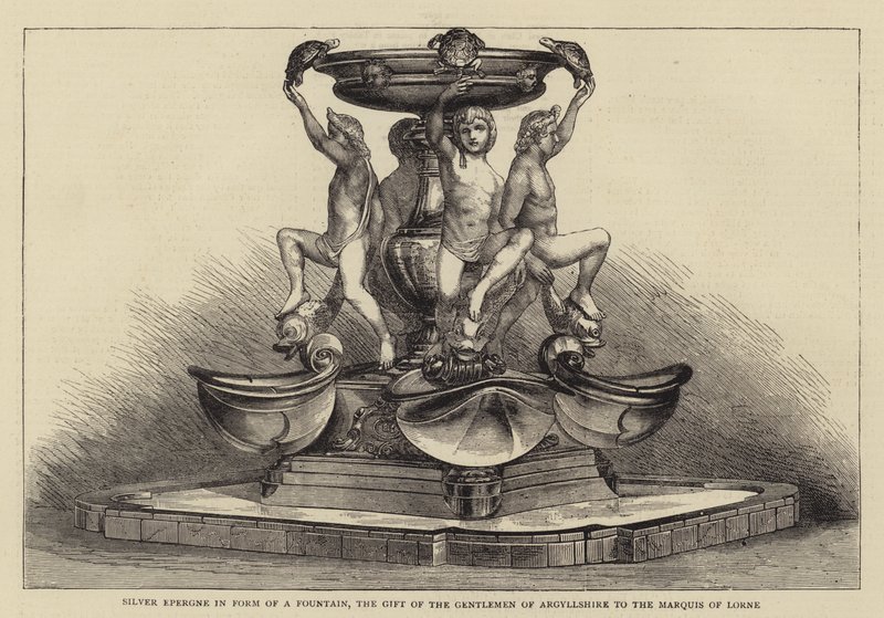Silver Epergne in form of a Fountain, the Gift of the Gentlemen of Argyllshire to the Marquis of Lorne (engraving) بواسطة مدرسة اللغة الإنجليزية