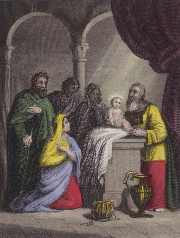 سمعان بين ذراعيه السعيد الطفل الذي يأخذه ... (نقش ملون) بواسطة مدرسة اللغة الإنجليزية
