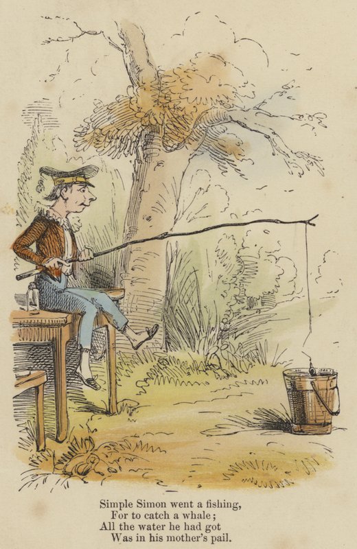 ذهب سيمون البسيط للصيد ، ليصطاد حوتًا ؛ كل الماء الذي حصل عليه ، كان في دلو أمه (نقش ملون) بواسطة مدرسة اللغة الإنجليزية