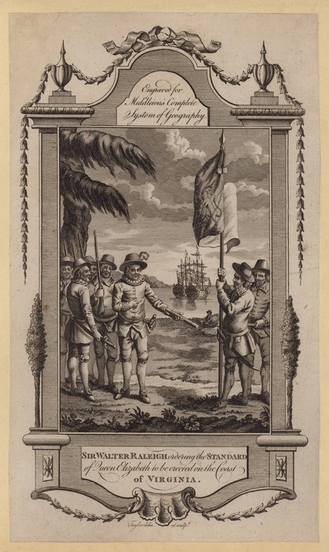 Sir Walter Raleigh ordering the Standard of Queen Elizabeth to be erected on the Coast of Virginia (engraving) بواسطة مدرسة اللغة الإنجليزية