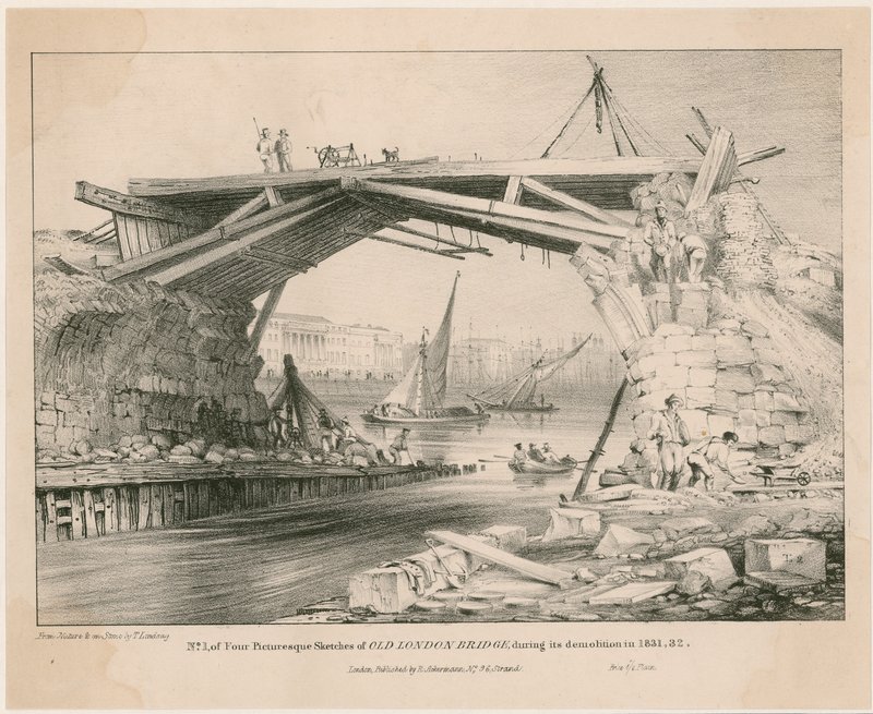 رسم تخطيطي لجسر لندن القديم أثناء هدمه عام 1831 ، 1832 بواسطة مدرسة اللغة الإنجليزية