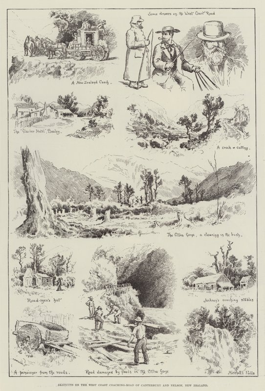 رسومات تخطيطية على طريق التدريب في الساحل الغربي في كانتربري ونيلسون ، نيوزيلندا (نقش) بواسطة مدرسة اللغة الإنجليزية